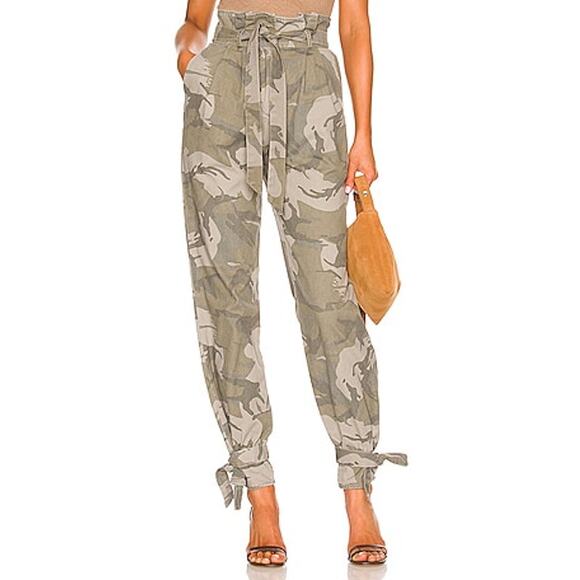 Lovers + Friends Johnson Paperbag High Waist Pants Green Camo NEW Women's Small - Picture 1 of 10